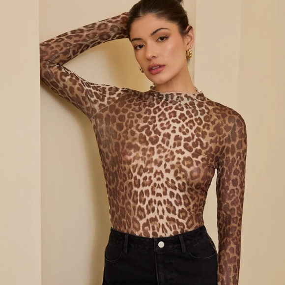 See You Monday Tops - Leopard Print Mesh Long Sleeve Top